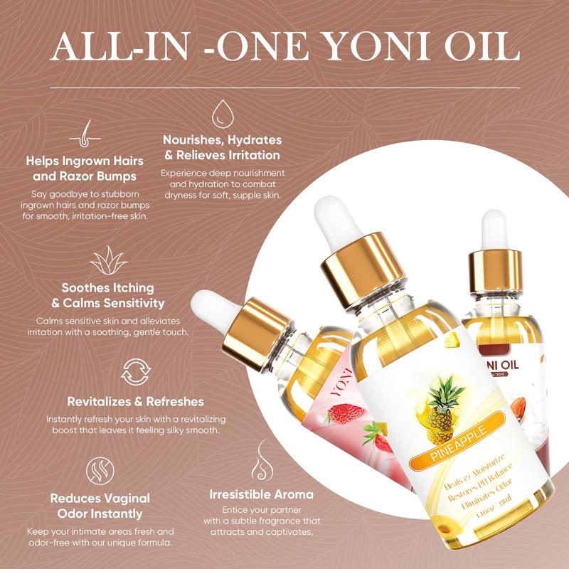 3PCS Yoni Oil Organic Feminine Oil V Moisturizer - Ph Balance and Wetness Reduces Odor - Feminine Deodorant - Soothes, Almond Strawberry Pineapple Oil Herbal Blend for Yoni Care, 1 fl oz pc