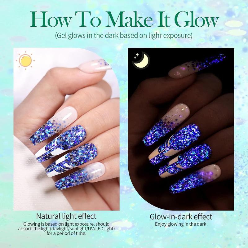 BORN PRETTY Glitter Gel Nail Polish Set 6 Colors Glow in the Dark Luminous Sparkly Shiny Gel Polish Kit with Nail Brush Nail Polish Home DIY Manicure Nail Art Varnish Nail Care