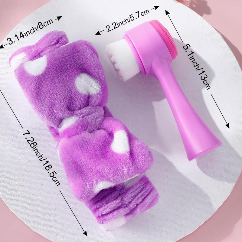 Comfort Face Wash Tool, 2 Counts set Facial Cleansing Brush & Bow Headband, Double-sided Face Scrubber & Hairband for Pore Cleaning, Massage, Makeup Removal