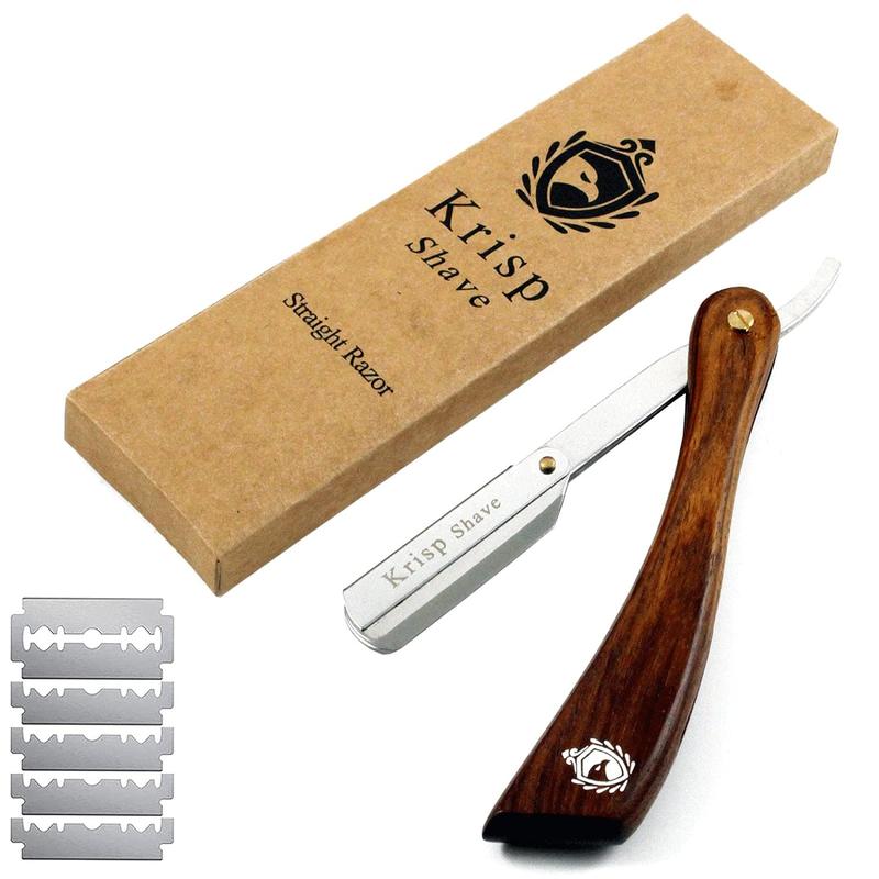 Barber Salon Quality Stainless Steel Straight Edge Shaving Razor - Professional Wet Shave Manual Shavette Razor for Men with Krisp Beauty Natural Wood Handle - Includes 5 Double Edge Blades for Safety and Comfort Smooth