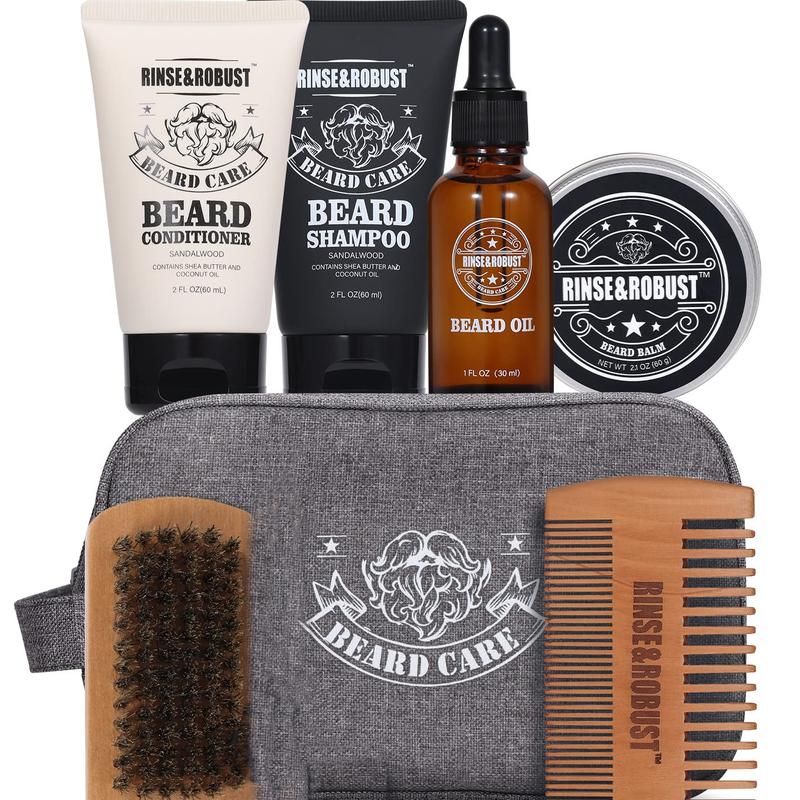 Rinse&Robust Beard Care Set Kits: Beard Shampoo, Beard Conditioner, Beard Balm, Beard Oil, Traveling Bag. Scented Hair Care Beeswax, Gift for Boyfriend, Men Gifts, Bath and Body Gift Sets, Men's Hygiene Products, Father's Day Gift for Dad