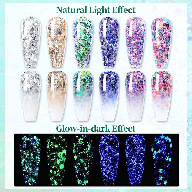 BORN PRETTY Glitter Gel Nail Polish Set 6 Colors Glow in the Dark Luminous Sparkly Shiny Gel Polish Kit with Nail Brush Nail Polish Home DIY Manicure Nail Art Varnish Nail Care