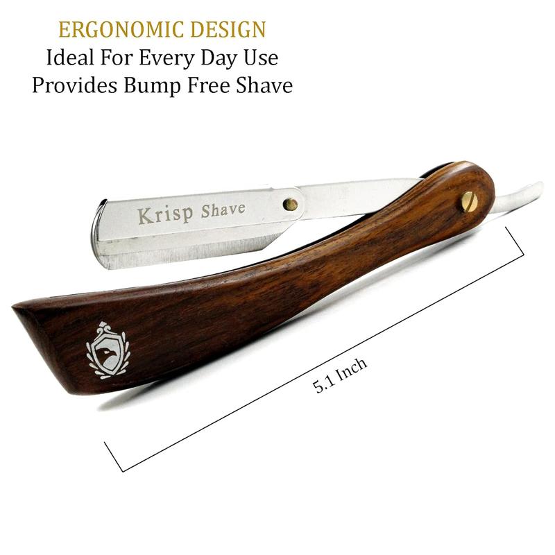 Barber Salon Quality Stainless Steel Straight Edge Shaving Razor - Professional Wet Shave Manual Shavette Razor for Men with Krisp Beauty Natural Wood Handle - Includes 5 Double Edge Blades for Safety and Comfort Smooth