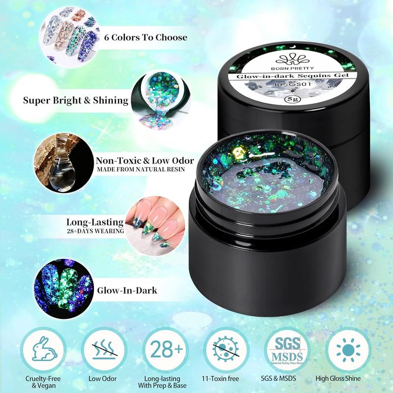 BORN PRETTY Glitter Gel Nail Polish Set 6 Colors Glow in the Dark Luminous Sparkly Shiny Gel Polish Kit with Nail Brush Nail Polish Home DIY Manicure Nail Art Varnish Nail Care