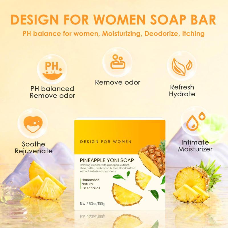 2 Pcs Yoni Soap for Women, Natural Yoni Bar for PH Balance & V Cleansing Yoni Wash, Pineapple Handmade Soap Bar with Foam Net, Feminine Wash for Eliminates Odor Moisturizing 3.53oz 100g