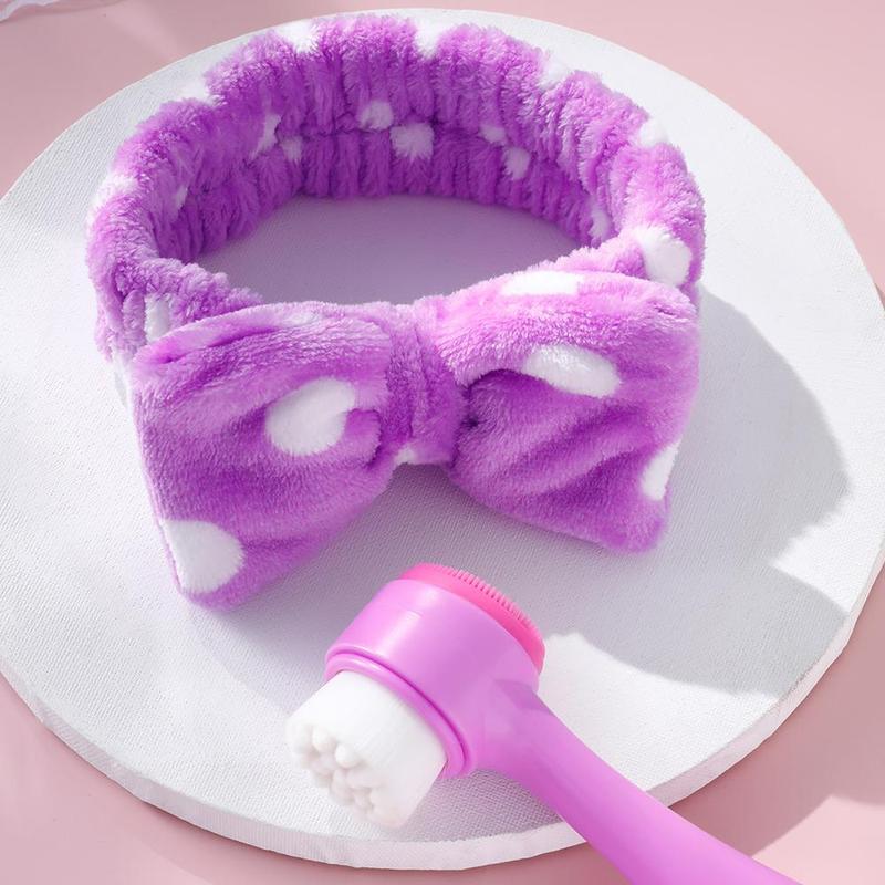 Comfort Face Wash Tool, 2 Counts set Facial Cleansing Brush & Bow Headband, Double-sided Face Scrubber & Hairband for Pore Cleaning, Massage, Makeup Removal