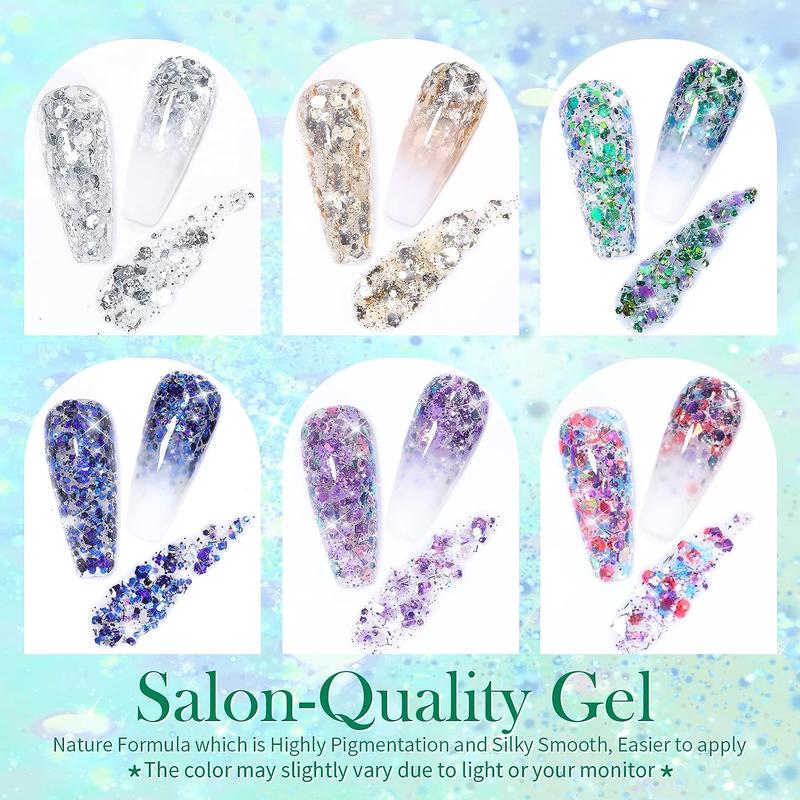 BORN PRETTY Glitter Gel Nail Polish Set 6 Colors Glow in the Dark Luminous Sparkly Shiny Gel Polish Kit with Nail Brush Nail Polish Home DIY Manicure Nail Art Varnish Nail Care