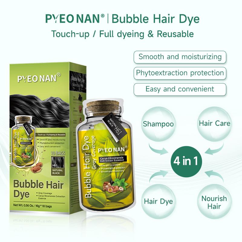 PYEONAN Unisex Bubble Hair Dye, Ammonia-Free, Natural Plant Extracts, 2-in-1 for Gray Coverage and Hair Care, Gray Hair Turns into Black or Dark Brown with Herbal Ingredients, No Bleaching, 10 Bags Hair Color 5.6 Oz. 160g