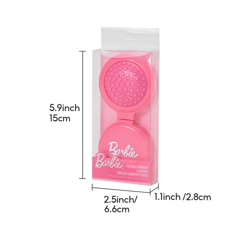 Barbie Series Mini Hair Comb With Mirror Hair Brush Portable Mini Pink HairBrush Folding Mirror Comb Detangling For Women Girl Travel Daily Used Heatless