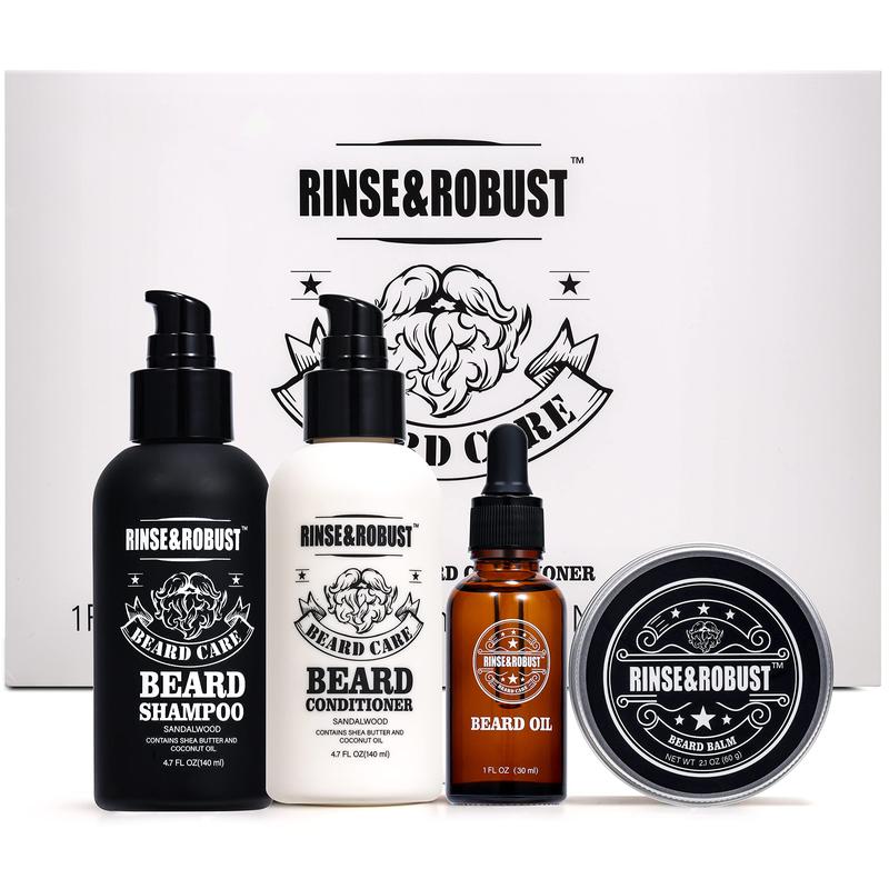 Rinse&Robust Beard Care Set Kits: Beard Shampoo, Beard Conditioner, Beard Balm, Beard Oil, Traveling Bag. Scented Hair Care Beeswax, Gift for Boyfriend, Men Gifts, Bath and Body Gift Sets, Men's Hygiene Products, Father's Day Gift for Dad