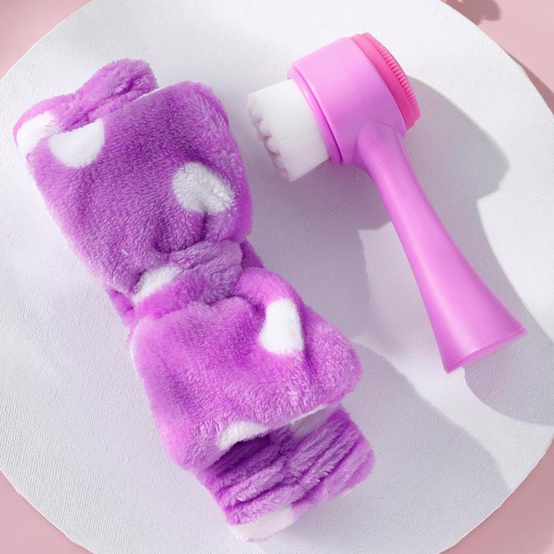 Comfort Face Wash Tool, 2 Counts set Facial Cleansing Brush & Bow Headband, Double-sided Face Scrubber & Hairband for Pore Cleaning, Massage, Makeup Removal