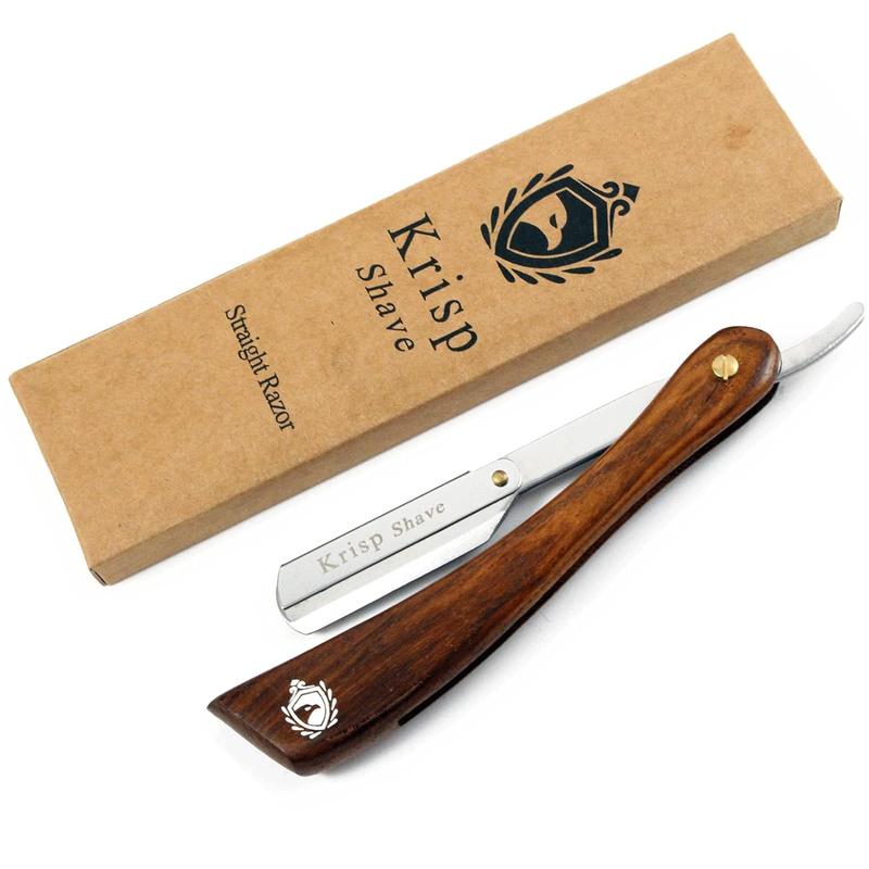 Barber Salon Quality Stainless Steel Straight Edge Shaving Razor - Professional Wet Shave Manual Shavette Razor for Men with Krisp Beauty Natural Wood Handle - Includes 5 Double Edge Blades for Safety and Comfort Smooth