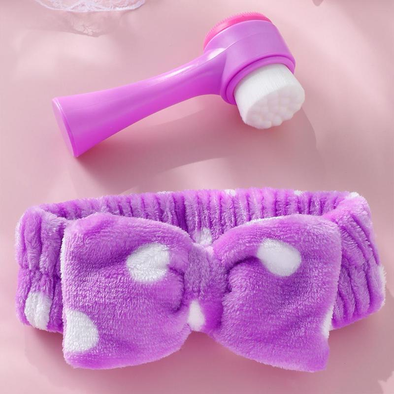 Comfort Face Wash Tool, 2 Counts set Facial Cleansing Brush & Bow Headband, Double-sided Face Scrubber & Hairband for Pore Cleaning, Massage, Makeup Removal