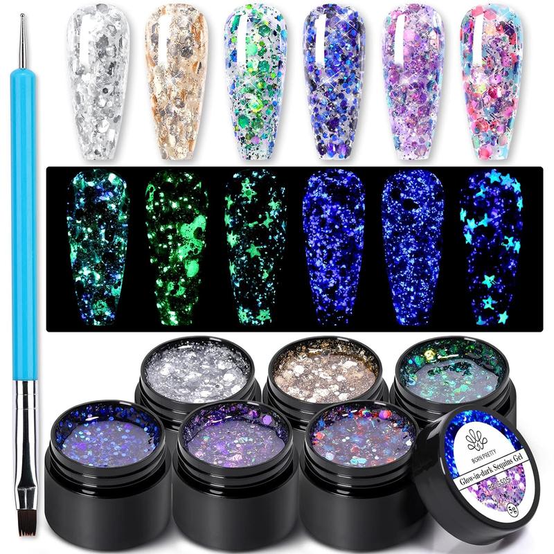 BORN PRETTY Glitter Gel Nail Polish Set 6 Colors Glow in the Dark Luminous Sparkly Shiny Gel Polish Kit with Nail Brush Nail Polish Home DIY Manicure Nail Art Varnish Nail Care