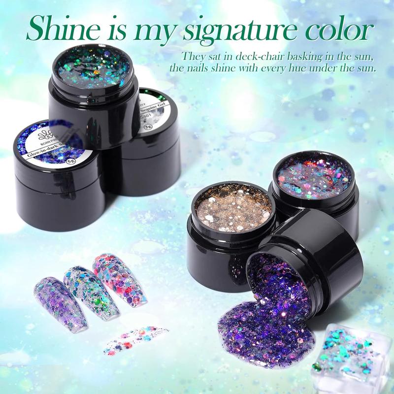 BORN PRETTY Glitter Gel Nail Polish Set 6 Colors Glow in the Dark Luminous Sparkly Shiny Gel Polish Kit with Nail Brush Nail Polish Home DIY Manicure Nail Art Varnish Nail Care