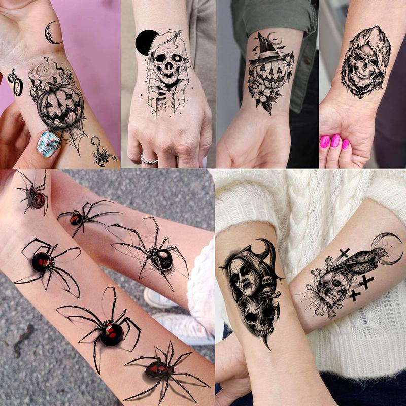 61 Halloween temporary tattoos for men and women, 12 skulls of death, 49 spider webs Long Lasting Waterproof Gothic Durable