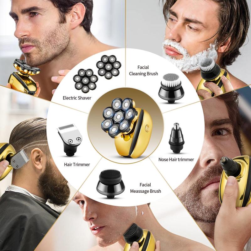 Electric Hair Clipper, 8-Blade Rotary Shaver, 2 Replacement Heads, 1 Clipper Head, 1 Nose Trimmer Head, 1 Face Wash Brush Head, 1 Silicone Face Massage Head and 3 Limit Combs, Stocking Fillers Gift