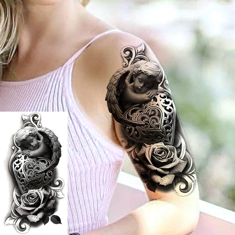 Rose & Cross Pattern Temporary Tattoo Sticker, 8 Counts set Half Arm Sleeve Tattoo Temporary Tattoo Sticker, Body Art Sticker Fake Tattoo for Women & Men, Realistic Tattoos for Men, Gifts for Girlfriend, Christmas Gift