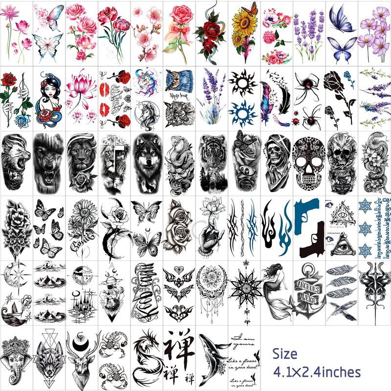 80 Sheets Temporary Tattoos Stickers, Fake Body Arm Chest Shoulder Tattoos for Men and Women, Halloween Temporary Tattoos Black Fake Skull Skeleton Tattoos for Halloween Cosplay