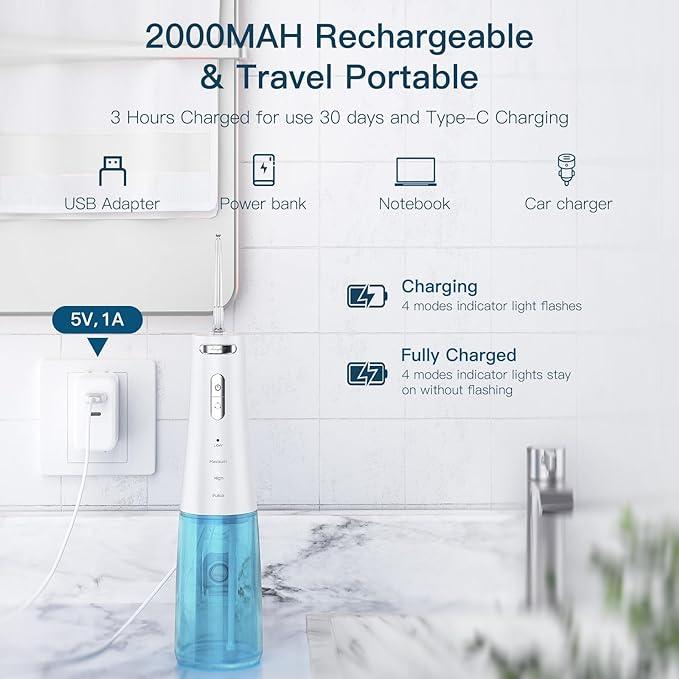 Professional Dentist Recommended 4 in 1 Cordless Water Flosser 300ML 4 Pressure Modes 4 Replaceable Nozzles Rechargeable Toothpick Cleaning Teeth Oral