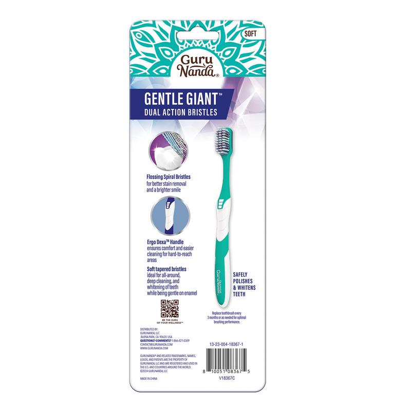 GuruNanda Gentle Giant Toothbrush with Dual Action Flossing Spiral Bristles - Ergo Dexa Grip - Helps in Teeth Whitening, BPA Free, (4 Count)