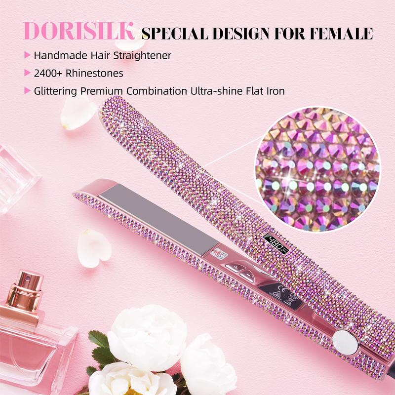 480°F Hair Straightener and Curler Titanium Flat Iron Rhinestone Straightening Iron 1“ Salon Professional Dual Voltage Crystal Bling