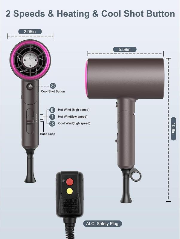 Ionic Hair Dryer -  1800W Professional Negative Ions Hair Blow Dryer with 3 Heating 2 Speed Cold Settings, 2 Nozzles and 1 Diffuser, Foldable Blow Dryer for Home, Travel, Salon Use