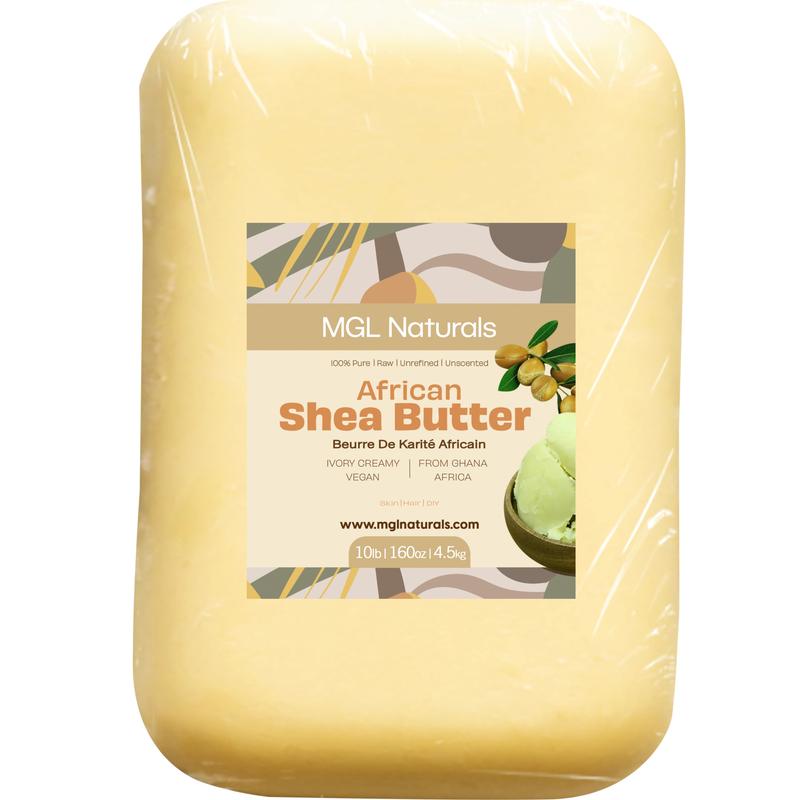 Unrefined Shea Butter, bulk 5 lb and 10 lb by MGL Naturals. Use directly to nourish and moisturize the skin and hair. For DIY body butters, soaps, lotion, balm, hair growth grease,