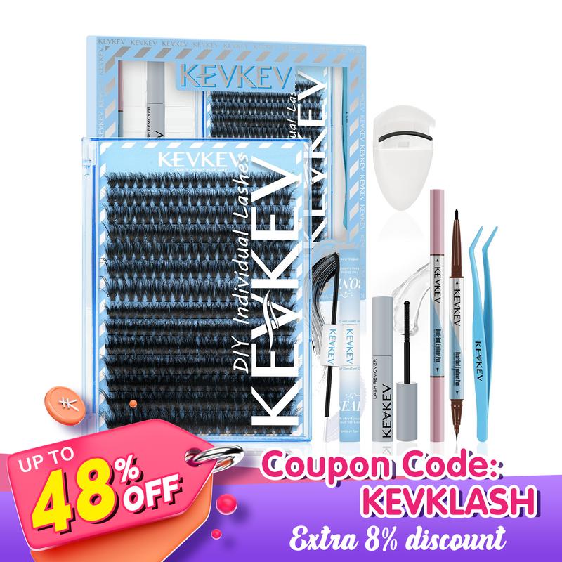 KevKev 280Pcs Fluffy Volume DIY Lash Clusters Kit 3D Eyelash Extension Kit with Lash Bond and Seal Remover Eyeliner Pen lash Curler 6-In-1(60D+80D)