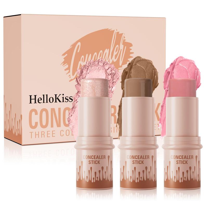 Long Lasting Concealer Stick, 3 Counts set Highlighter & Blush & Contouring Stick, Facial Makeup Tool for Women & Girls