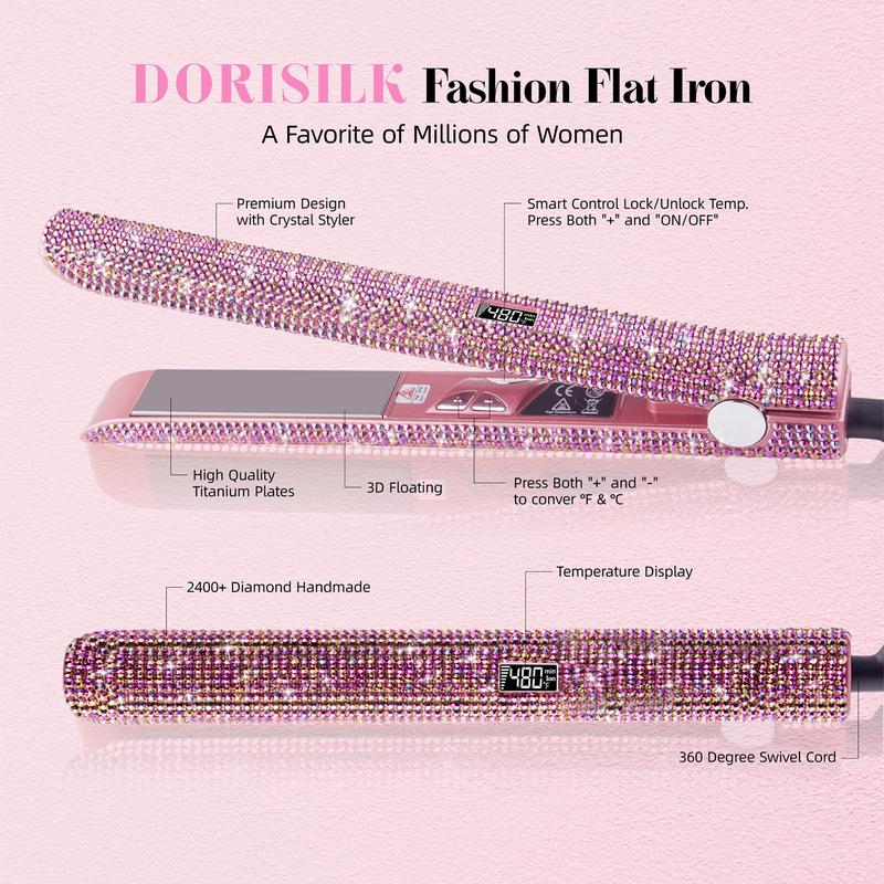 480°F Hair Straightener and Curler Titanium Flat Iron Rhinestone Straightening Iron 1“ Salon Professional Dual Voltage Crystal Bling