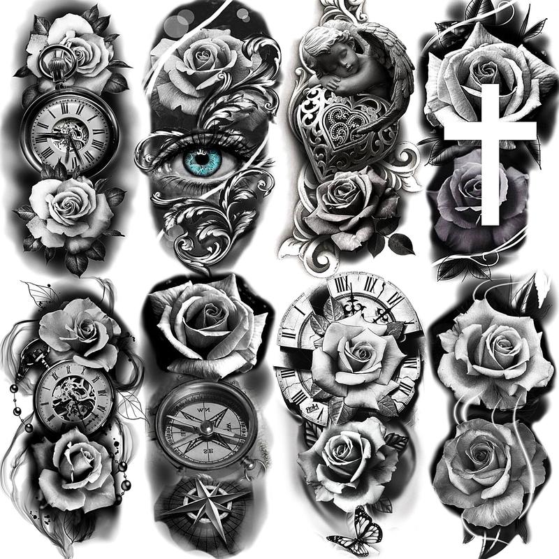 Rose & Cross Pattern Temporary Tattoo Sticker, 8 Counts set Half Arm Sleeve Tattoo Temporary Tattoo Sticker, Body Art Sticker Fake Tattoo for Women & Men, Realistic Tattoos for Men, Gifts for Girlfriend, Christmas Gift