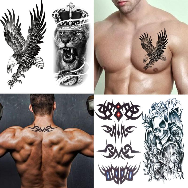 80 Sheets Temporary Tattoos Stickers, Fake Body Arm Chest Shoulder Tattoos for Men and Women, Halloween Temporary Tattoos Black Fake Skull Skeleton Tattoos for Halloween Cosplay