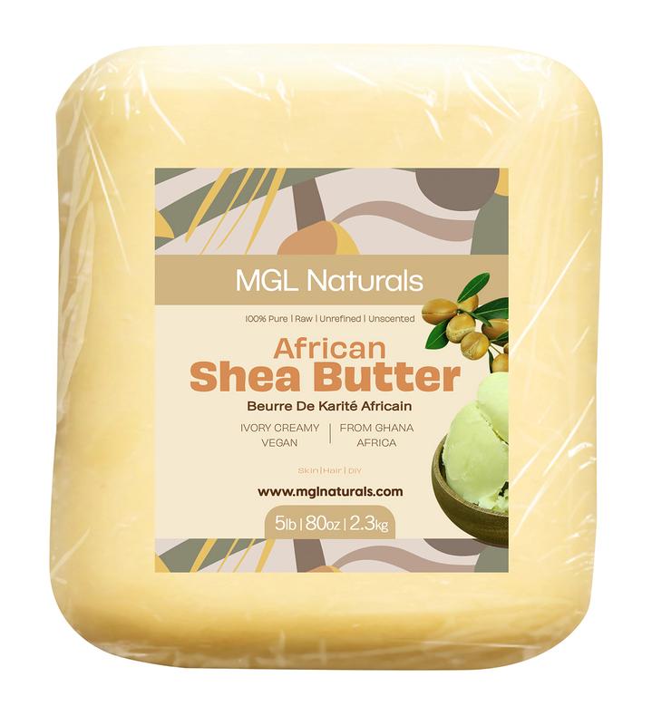 Unrefined Shea Butter, bulk 5 lb and 10 lb by MGL Naturals. Use directly to nourish and moisturize the skin and hair. For DIY body butters, soaps, lotion, balm, hair growth grease,