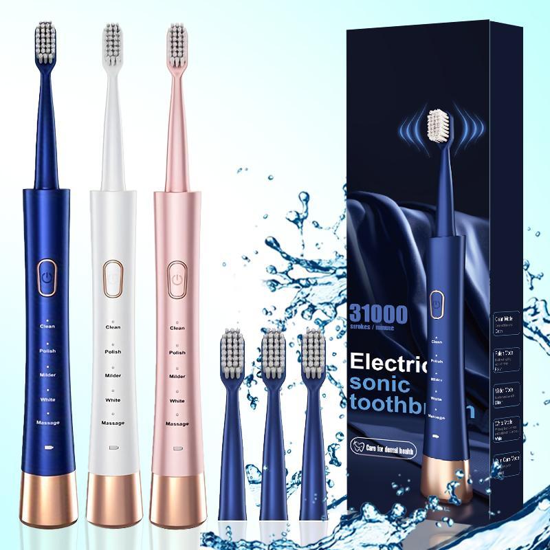 USB Rechargeable Electric Toothbrush, 1 Box 5 Modes Sonic Toothbrush with 4 Counts Replacement Brush Head, Intelligent Deep Cleaning Toothbrush for Adults, Christmas Gift