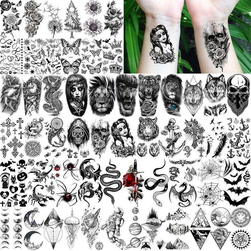 68 Sheets Large Half Arm Sleeve Temporary Tattoos For Men Women Forearm, Tribal Wolf Tiger Lion Owl Skull Temp Halloween Fake Tattoo Stickers Adults, Black Realistic Tattoo Flower Rose Animals