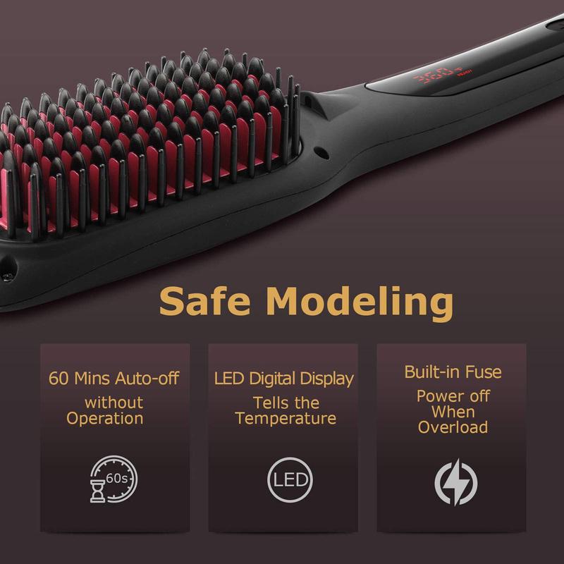 Ionic Hair Straightener Brush , 30s Fast MCH Ceramic Heating Hair Straightening Brush with Anti Scald Feature, Auto-Off & Dual Voltage, Portable Frizz-Free Silky Electric StraighteningComb1 Comfort