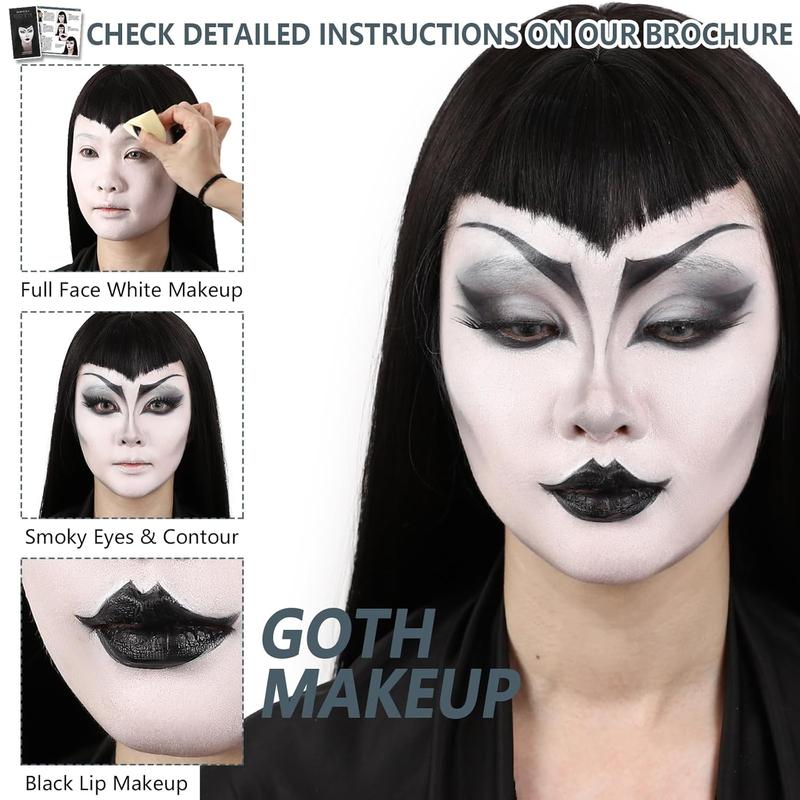 Halloween Goth Makeup, Complete Goth Make Up Set with White Foundation, Black Lipstick, Dark Smokey Eyeshadow Kit for SFX Gothic Makeup, Cosplay, Costume Party, Theater and Film