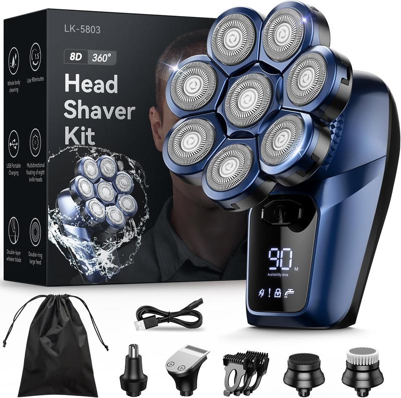 Bazivve Men's Bald Razor, 7-in-1 Electric Head Shaver Kit with 8 Rotating Heads, IPX7 Waterproof, LCD Display, Wet Dry Use for Beard, Hair, and Body