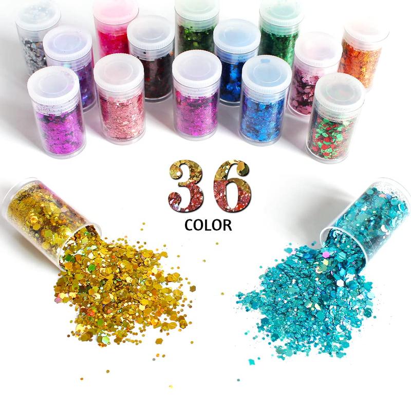 Holographic Chunky Glitter, Set of 36 Colors Craft Glitter Sparkle Sequins, Cosmetic Glitter Flake for Epoxy Resin, Body, Face, Eye, Nail Arts, Slime Making, Wedding Festival Party Decoration