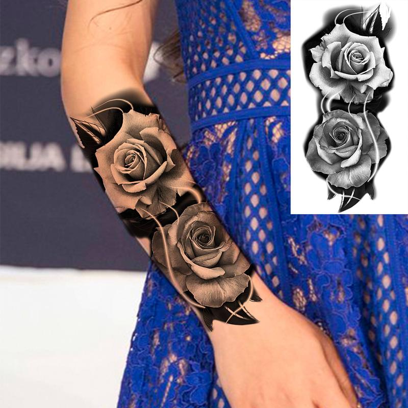 Rose & Cross Pattern Temporary Tattoo Sticker, 8 Counts set Half Arm Sleeve Tattoo Temporary Tattoo Sticker, Body Art Sticker Fake Tattoo for Women & Men, Realistic Tattoos for Men, Gifts for Girlfriend, Christmas Gift