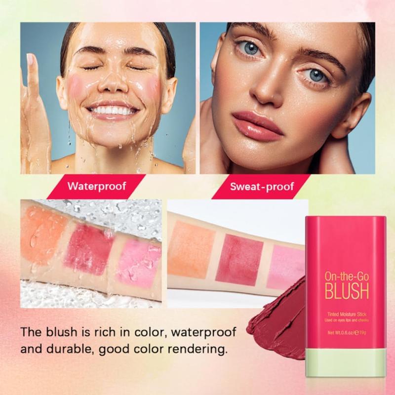 Multi-Use Makeup Blush Stick, Blush Cheek Cream Stick Tinted Moisture Stick Solid Moisturizer Stick, Waterproof Blusher and Shadow Lips for Cheek Makeup, Blush+Makeup Brush