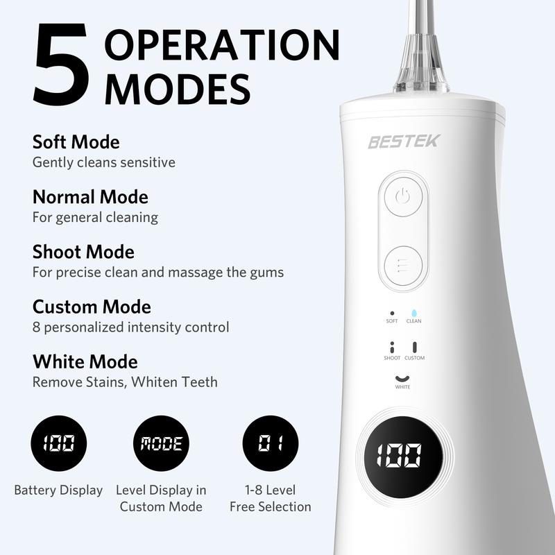 BESTEK Water Dental Flosser Teeth Pick - 5 Modes Rechargable Water Flosser with 10Pcs Whitening Tablets, 300ML Tank, 6 Jet Tips, IPX7 Waterproof, Cordless Oral Irrigator for Teeth, Gums, Braces Care