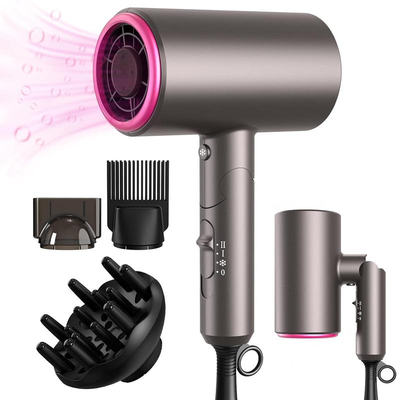 Ionic Hair Dryer -  1800W Professional Negative Ions Hair Blow Dryer with 3 Heating 2 Speed Cold Settings, 2 Nozzles and 1 Diffuser, Foldable Blow Dryer for Home, Travel, Salon Use