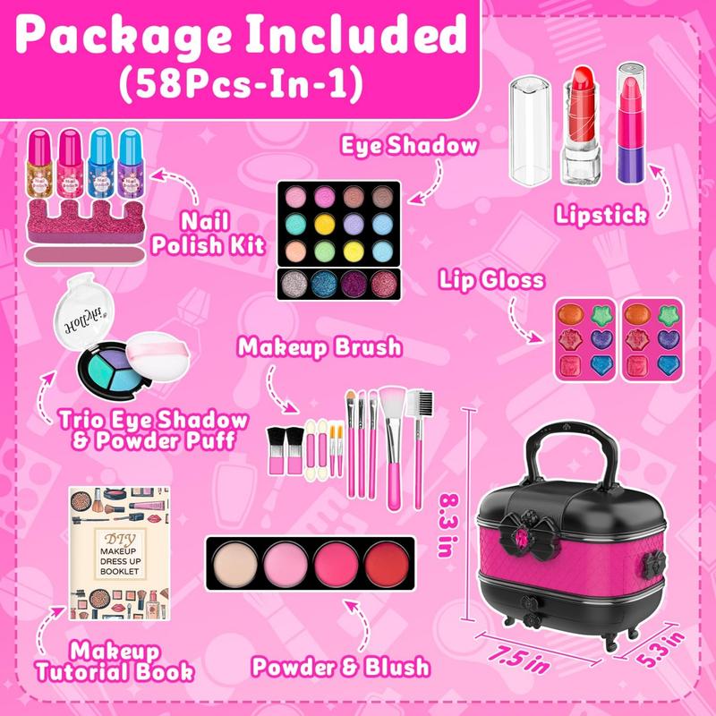 58 Pack Kids Makeup Kit for Girl, Princess Toys Real Washable Cosmetic Set with Mirror, Kids Makeup Sets for Girls, Play Make Up Birthday Gifts for 4 5 6 7 8 9 10 11 12 Years Old Kid (Rose)