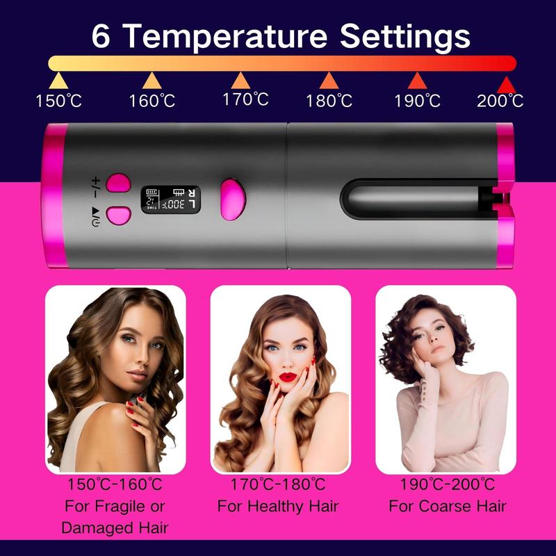 Automatic Curler, Cordless Rechargeable Curling Iron, Wave Curl Styler, Automatic Rotating Curling Iron for Long Hair Short Hair