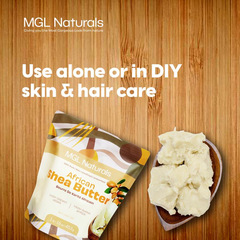 Unrefined Shea Butter, bulk 5 lb and 10 lb by MGL Naturals. Use directly to nourish and moisturize the skin and hair. For DIY body butters, soaps, lotion, balm, hair growth grease,