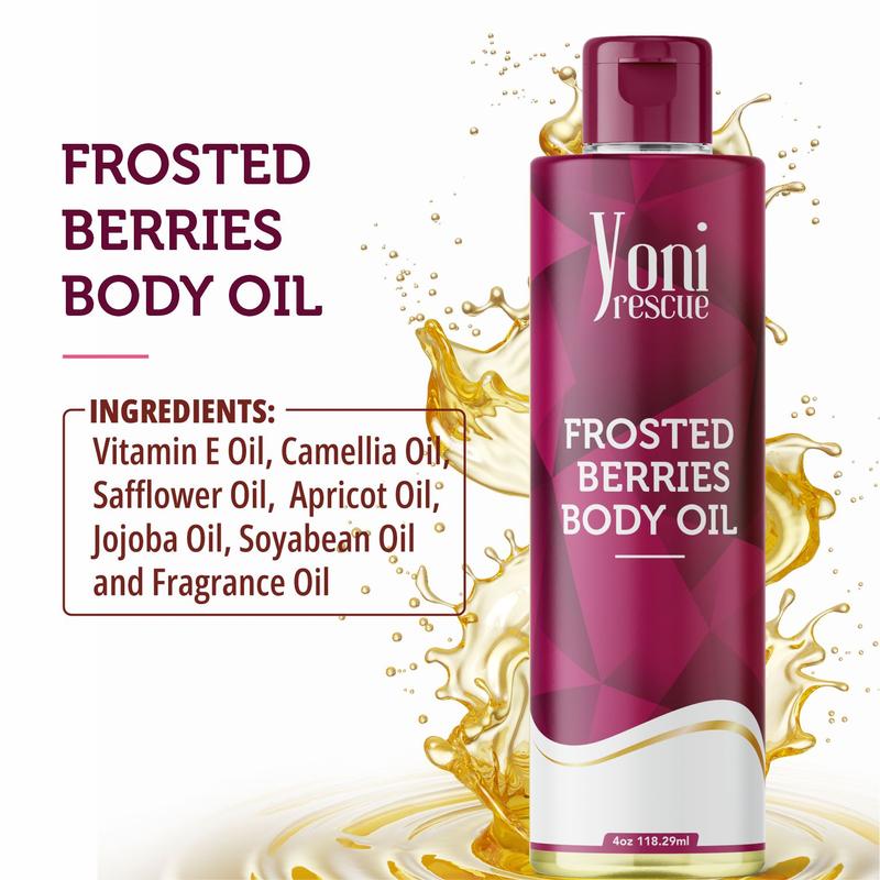 Frosted Berries Body Oil, 4oz, with Apricot, Jojoba, Avocado Oils & Vitamin E Oil, Fast-Absorbing, Nourishes and Hydrates Skin, Skin Repair, Body Care, Ideal for All Skin Types, Berry Fragrance Moisturizer by Yoni Rescue