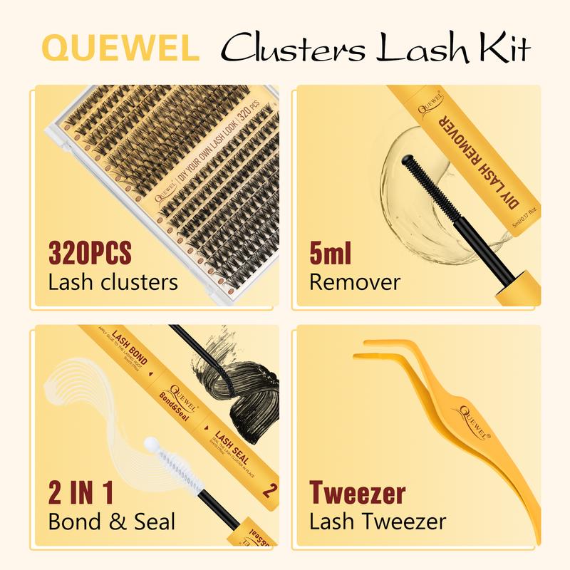 Blackfriday QUEWEL DIY Lash Extension Kit, Waterproof Lash Bond and Seal with Remover, Long Lasting and Fluffy D Curl Lash Clusters Beginner Friendly