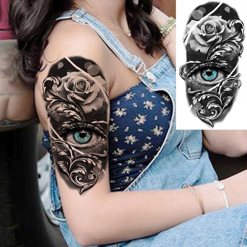 Rose & Cross Pattern Temporary Tattoo Sticker, 8 Counts set Half Arm Sleeve Tattoo Temporary Tattoo Sticker, Body Art Sticker Fake Tattoo for Women & Men, Realistic Tattoos for Men, Gifts for Girlfriend, Christmas Gift